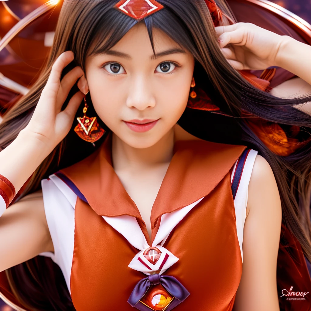 Highest quality, masterpiece, Ultra high resolution and extremely detailed, 8K, 14 year old beautiful Japanese woman:1.5, Small face, (Detailed glamorous red Sailor Mars costume:1.5), Breast Augmentation Surgery, Highly detailed smelly armpits、 Dynamic Angle