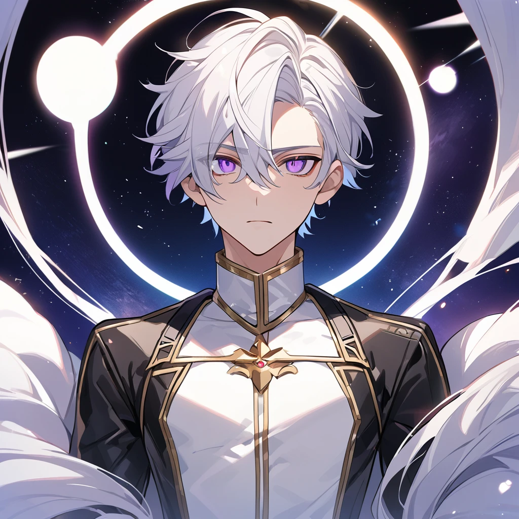 High quality, HD, 4k, no shadows, handsome male, 1male, 17 years old, teenager, golden lining, short white hair, sharp eyes, dark purple eyes, deep purple eyes, devil may cry, close up, calm expression, stoic expression, black leather clothes, white leather clothing, lean body, well trained body, upper body, looking at viewer, cowboy shot, white solar, space background