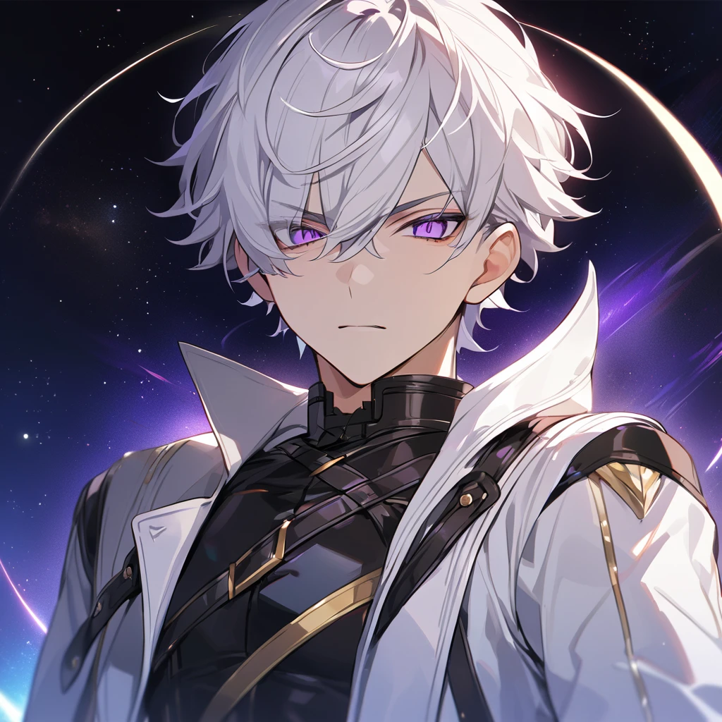 High quality, HD, 4k, no shadows, handsome male, 1male, 17 years old, teenager, golden lining, short white hair, sharp eyes, dark purple eyes, deep purple eyes, devil may cry, close up, calm expression, stoic expression, black leather clothes, white leather clothing, lean body, well trained body, upper body, looking at viewer, cowboy shot, white solar, space background