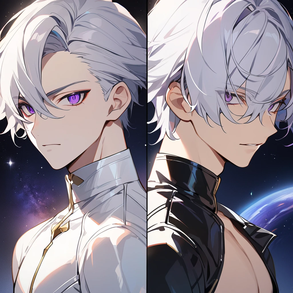 High quality, HD, 4k, no shadows, handsome male, 1male, 17 years old, teenager, golden lining, short white hair, sharp eyes, dark purple eyes, deep purple eyes, devil may cry, close up, calm expression, stoic expression, black leather clothes, white leather clothing, lean body, well trained body, upper body, looking at viewer, cowboy shot, white solar, space background
