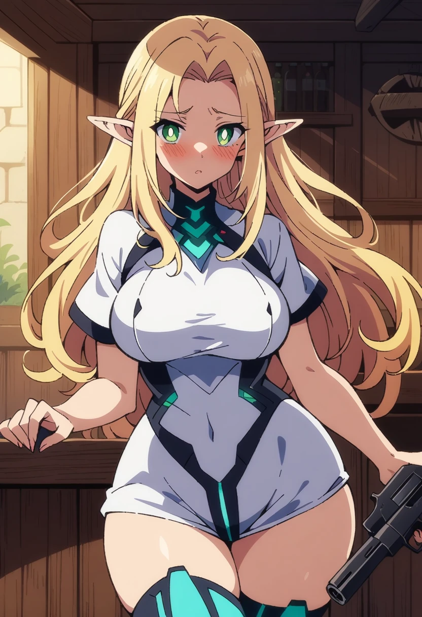 anime art style, masterpiece, best quality, very aesthetic, absurdres, dynamic shadows, atmosferic, marcilledonato, ((1girl)), blonde hair, long hair, parted bangs, green eyes, detailed eyes, bright pupils, pointy ears, curvy body, large breasts, sexy, ((futuristic clothes)), white hoodie, gun, short sleeves, thighhigh boots, borrowed, embarrased, intense blush, ((cowboy shot)), (from front), (floating), (tavern), (looking at viewer:1.0)