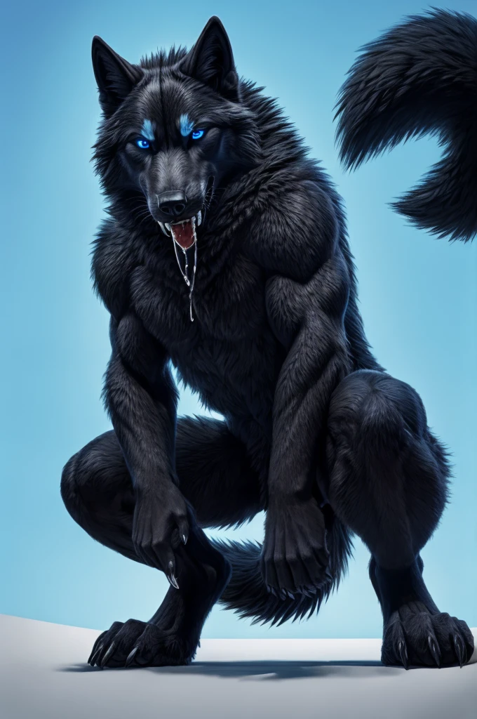 Perspective from below black wolf naked male furry legs apart looking down blue background squat pose blue eyes serious look claws on knees fluffy tail scars growling salivating