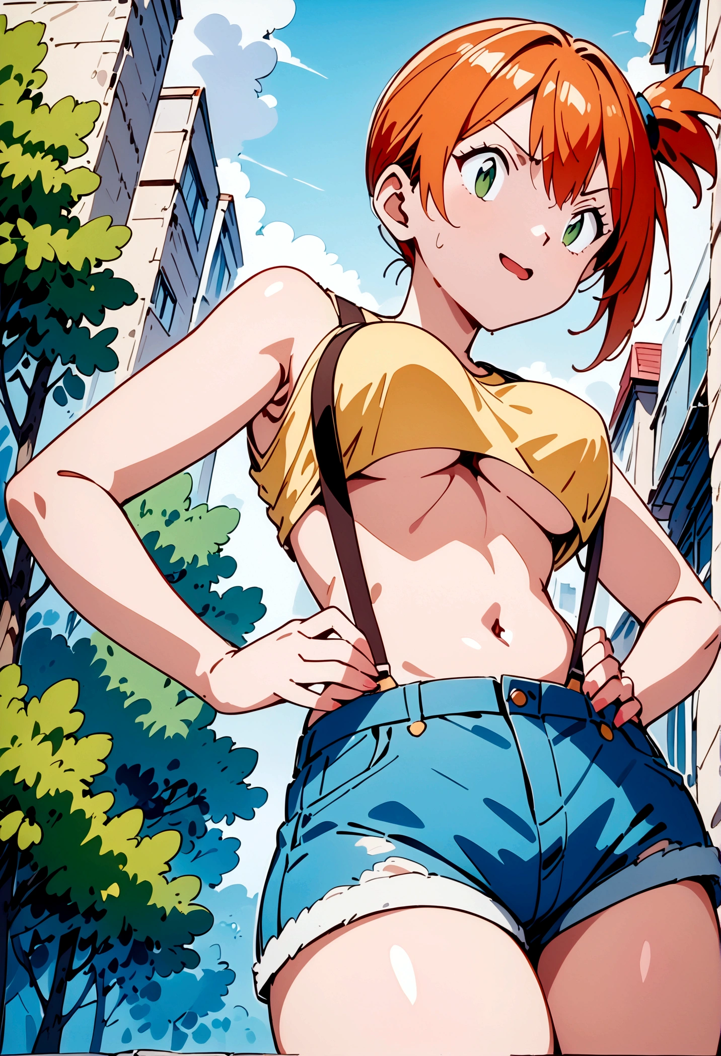 score_9,score_8, score_7_.superior,from below, (Low angle shot), (Insect's Eye).walking, masterpiece,bestquality, Highest quality, (mature), (have confidence, A character with a playful expression), , (outcome), One girl, , Foggy, alone, Outdoor, Green Eyes, Orange Hair, Side Ponytail, Yellow Shirt, Sleeveless shirt,belly button, Denim shorts, suspenders, Captivating look, Seductive expressions),(under_boob),superfineillustration,(ai-generated:0.1),(absurdres),(shirt pull:1.2),hands on own hips