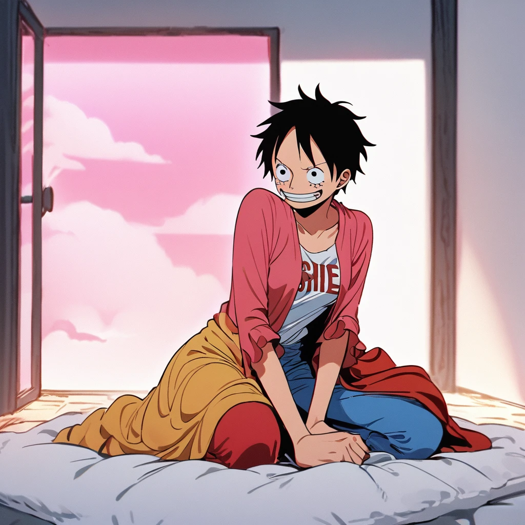 1girl, Monkey D. Luffy, One Piece,
Her hair is pink and her eyes as well, her clothes mixes pink with white colors, she wears a long shirt, shes on a seiza pose, an empty and chill room