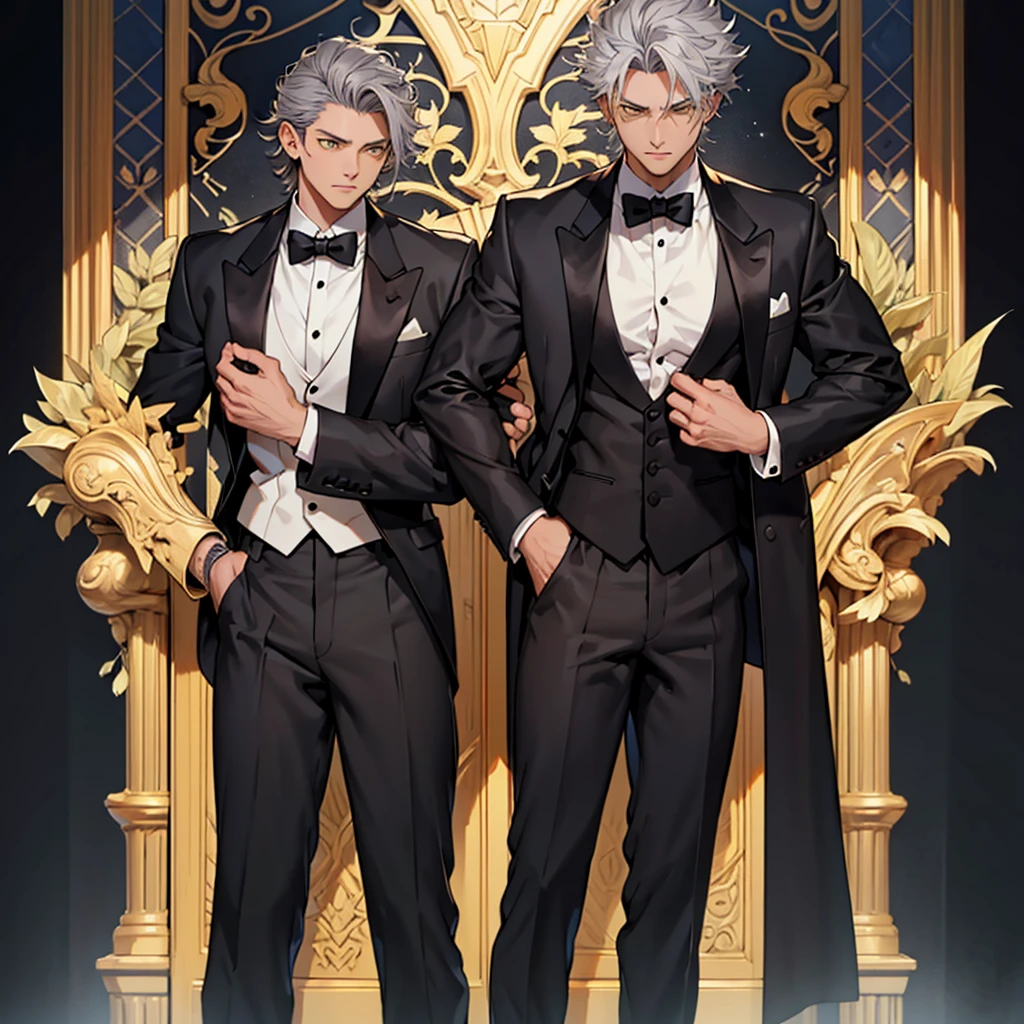 A 15 year old boy, only a one boy, just a boy, weak body, fragile body, no muscles, big gray hair, gray hair, big hair, yellow eyes, suit, wearing a black suit, tuxedo, wearing tuxedo, medieval background , Ultra HD 4k, 4k, Ultra HD