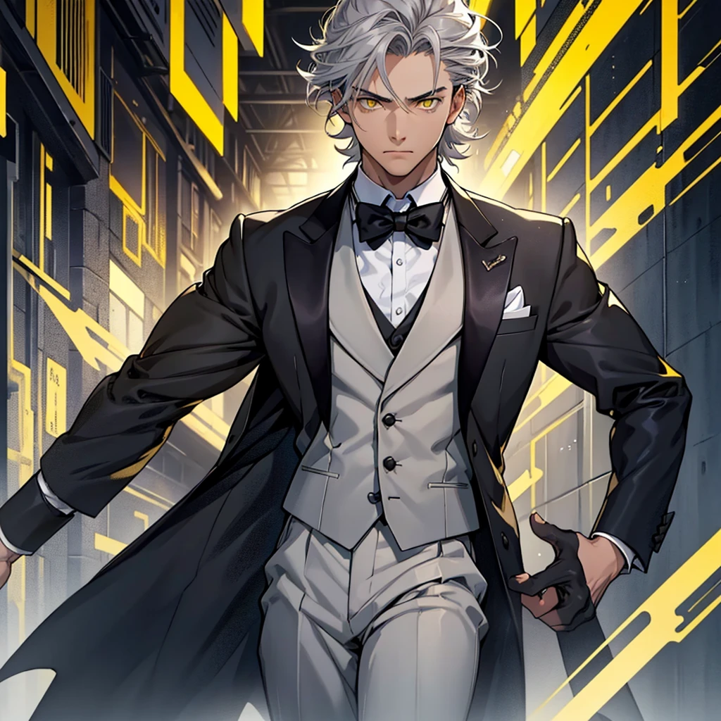A 15 year old boy, only a one boy, just a boy, weak body, fragile body, no muscles, big gray hair, gray hair, big hair, yellow eyes, suit, wearing a black suit, tuxedo, wearing tuxedo, medieval background , Ultra HD 4k, 4k, Ultra HD