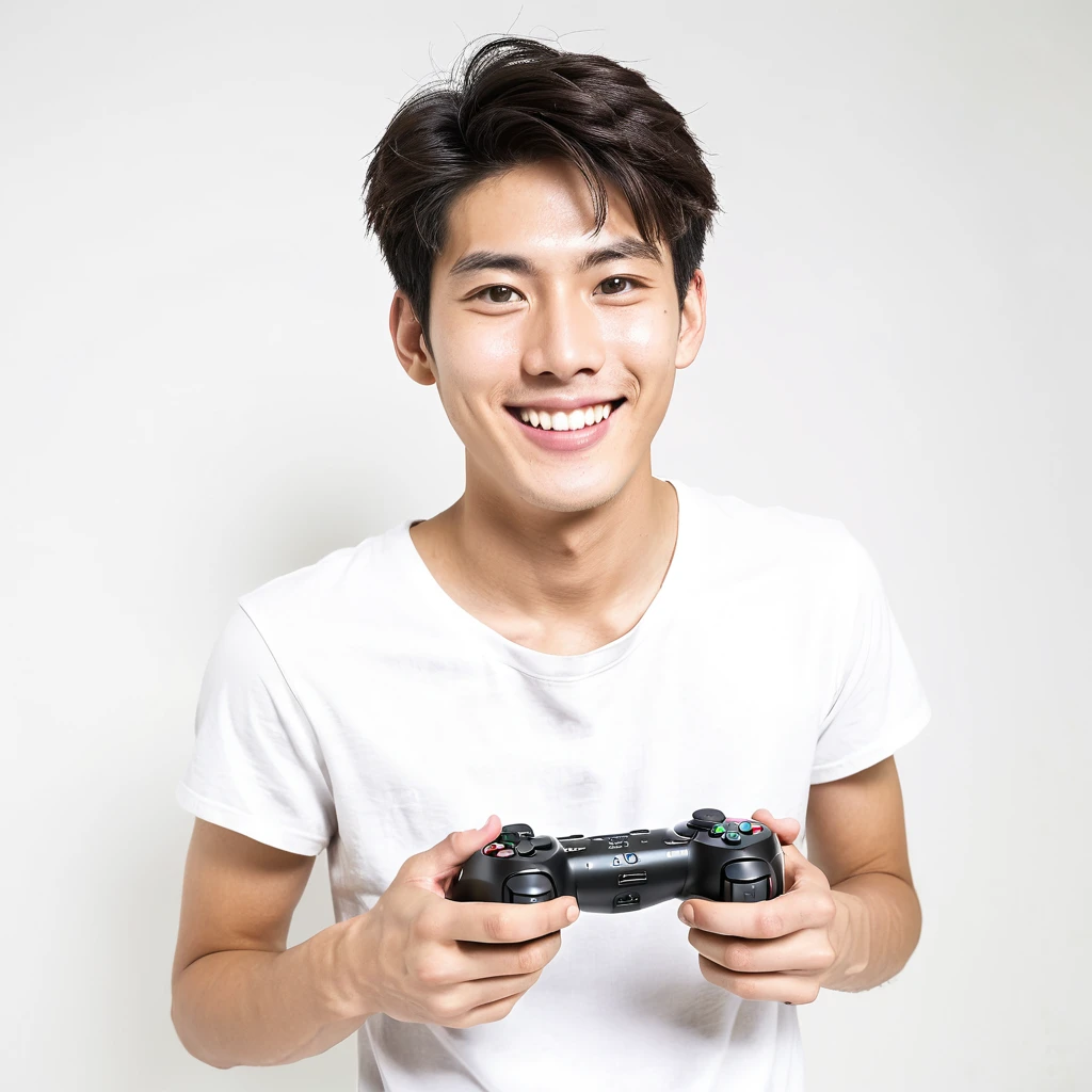 male　youth　university student　Japanese　japanese　 A refreshing look　holding a game controller in hand　looking at the camera　smile　Wide angle　White background