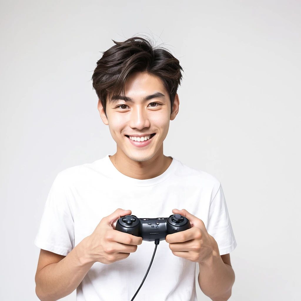 male　youth　university student　Japanese　japanese　 A refreshing look　holding a game controller in hand　looking at the camera　smile　Wide angle　White background