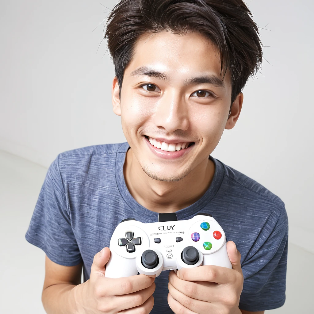 male　youth　university student　Japanese　japanese　 A refreshing look　holding a game controller in hand　looking at the camera　smile　Wide angle　White background