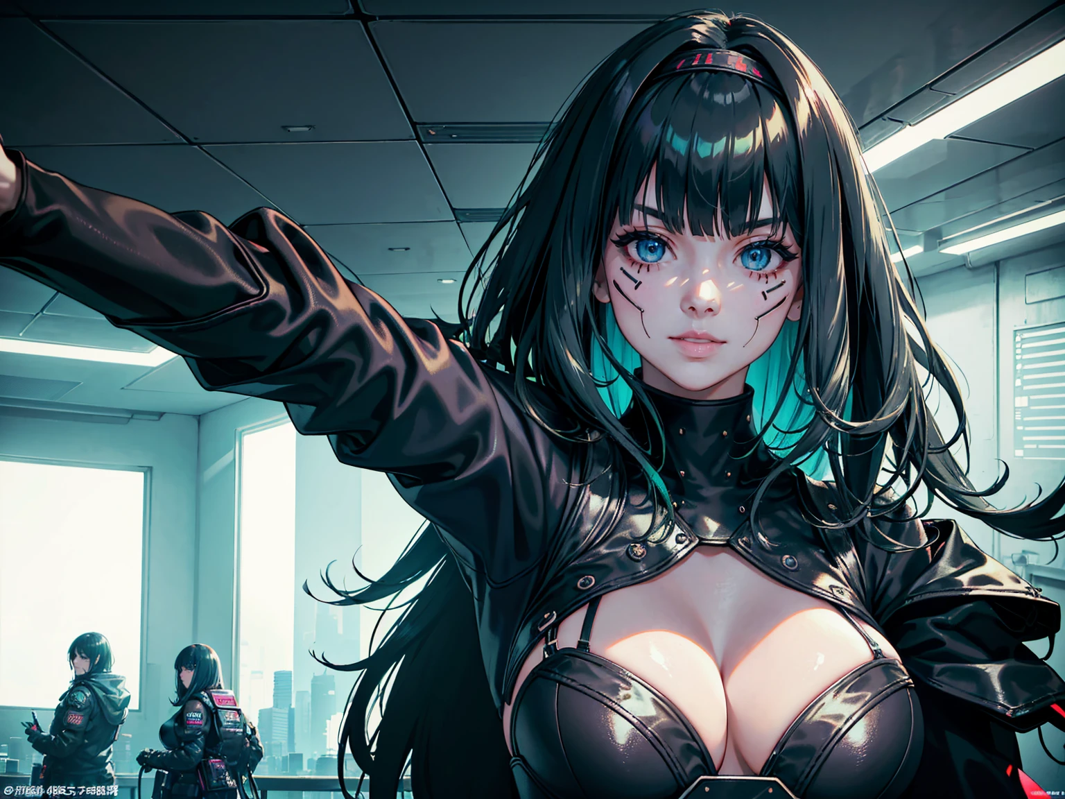 masterpiece, Best quality, (1 girl), (solo) (front facing), (upper body), (smile),(from front), (portrait), (night), (pose for picture), (dystopian city street), (large breast), (cleavage), (long hair),, black costume, black, gloves, dress boots, black gloves, puffy sleeves, black dress) (blak hairband),(cyberpunk costume), (green hair), (blue eyes), feather-trimmed sleeves anime, realistic, masterpiece, (bobcut, bangs), (A2 costume) (cyber_mark), ( facial mark), (cyberpunk suit), (j4nu4ryj0n3s cleavage), (demure), (dark room), (neon lights), (cyberpunk room), (focus on body), (look at front), (look at viewer)