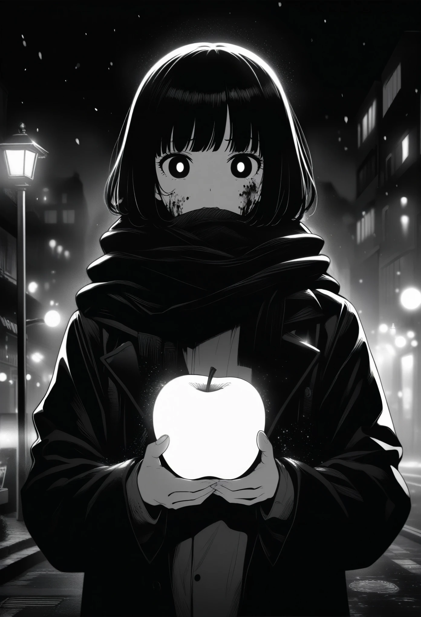 masterpiece, best quality, 1girl, momose_(oqo) official art, grayscale, manga style, japanese, chi no wadachi, black eyes, glowing white pupils, street, iced, black hair, schoolbag, lineart, looking at viewer, blood on face, black coat, black scarf, 35 years old, mature_female:1, tall, fair skinned, bokeh background, bob cut, light particles, centered, snowing, emotional anime scene, scenery, buildings, (very aesthetic, best quality, ultra detailed), intricate details, red and blue lights flashing, cool, soleless, emotionless, tired, taking a bite out of a shiny red apple, eating apple, holding apple to lips, holding, street lamp, surrounded by darkness, stars in the sky, biting, full shot
