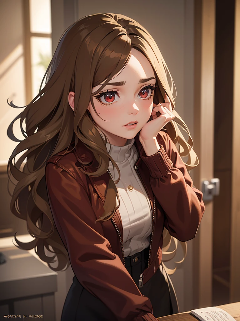 a girl with long wavy brown hair, beautiful detailed red eyes, beautiful detailed lips, extremely detailed face, long eyelashes, green zipper jacket open, brown pants, moody expression, flushed, 1girl, (best quality,4k,8k,highres,masterpiece:1.2),ultra-detailed,(realistic,photorealistic,photo-realistic:1.37),studio lighting,vibrant colors,dramatic lighting,cinematic