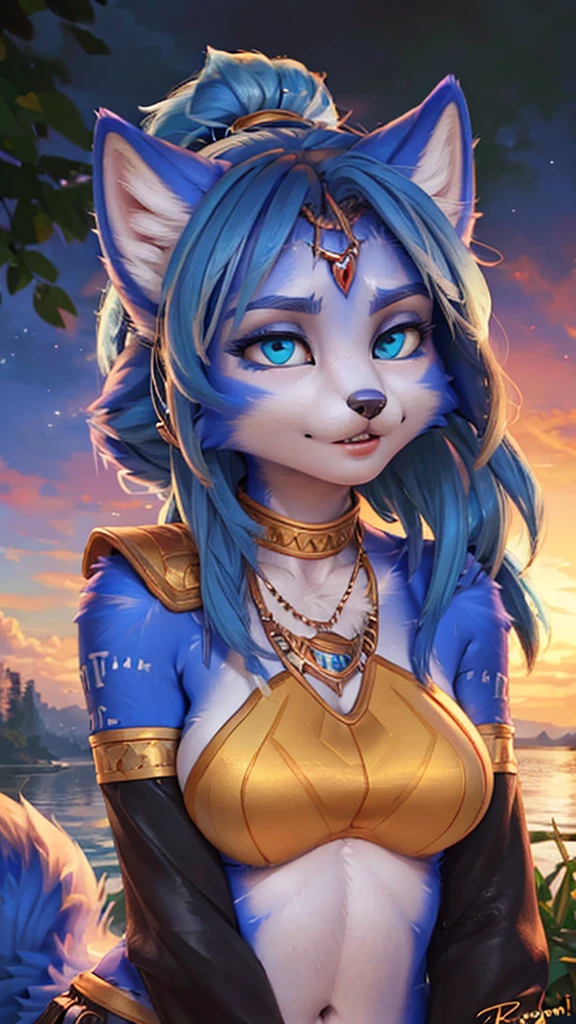A beautiful and detailed (sweet portrait) wa ((Krystal)), Star Fox Krystal, sslim, lovable, green eyes, medium breasts, (((Long blue hair 1.3))), Decollete, anthro, furry, Uploaded E621, detailed fluffy fur, (wa Fluff-Kevlar, Bayard Wu, Personalami, Pino Daeni), detailed face, (fluffy), 1 girl, alone, sweet girl, 
