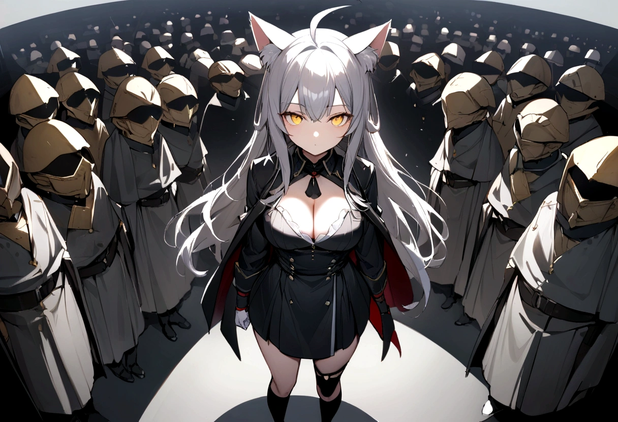 Dynamic Angles、Raising the German flag、Suspicious Gathering、Surrounded by enemieasterpiece, best quality:1.2), 1girl, 独奏、Gray cat ears、Grey long hair、Ahoge、Yellow Eyes、Gray cat ears、Background of military bases、Fisheye Lens、battlefield、Shadows of light and darkness、Expressionless、Grim face、battle、Black High Knee Socks、Cleavage、