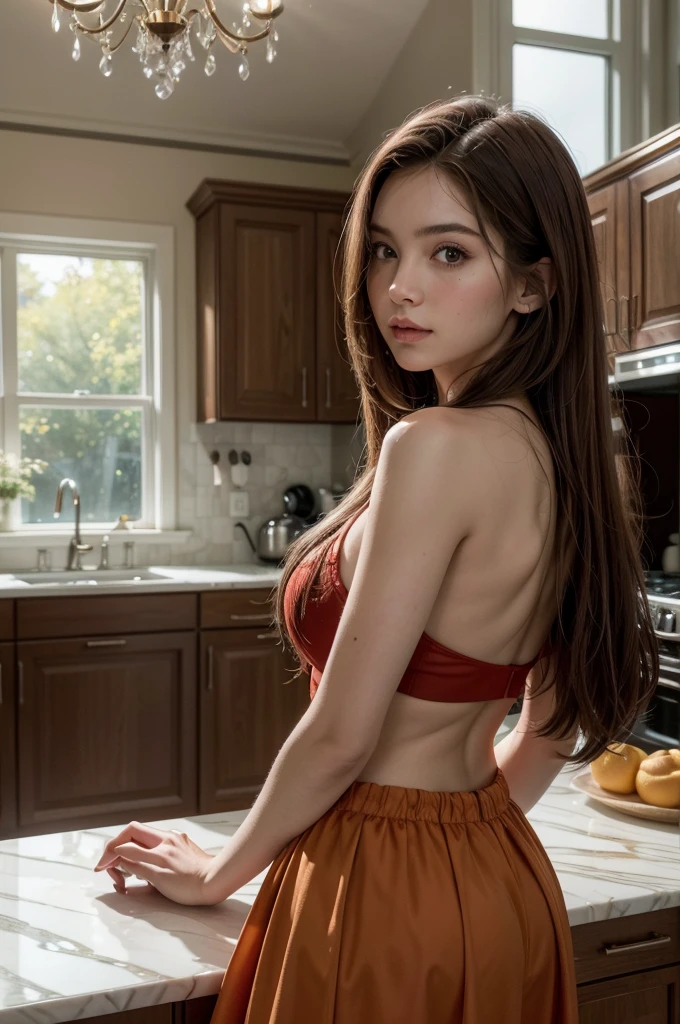 a beautiful young woman with long brown hair, standing in the kitchen of a luxurious mansion, wearing a red skirt, (best quality,4k,8k,highres,masterpiece:1.2),ultra-detailed,(realistic,photorealistic,photo-realistic:1.37),HDR,UHD,studio lighting,ultra-fine painting,sharp focus,physically-based rendering,extreme detail description,professional,vivid colors,bokeh,interior,elegant kitchen,high-end appliances,marble countertops,chandelier,large windows,sunlight streaming in,warm color tones,photorealistic,cinematic lighting