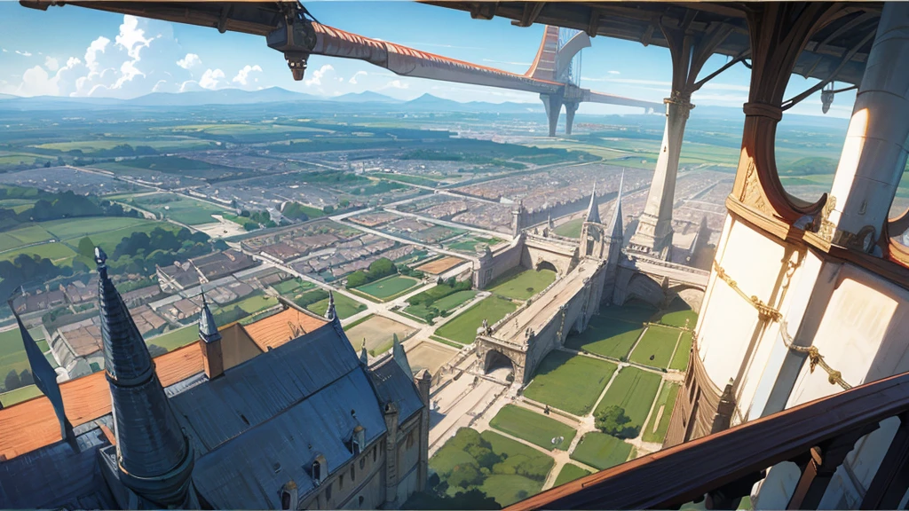 Anime Style,Nostalgic,Detailed background,The medieval world,A distant view from the airship's window,Beautiful sky,Beautiful Elf Bard,Large Breasts,Healthy thighs