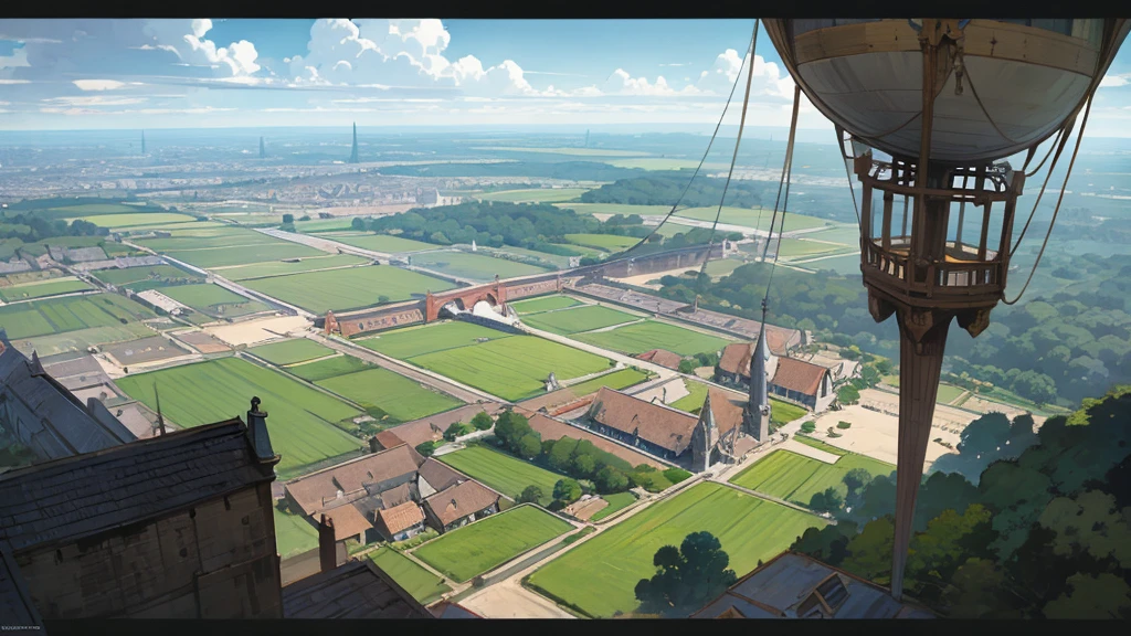 Anime Style,Nostalgic,Detailed background,The medieval world,A distant view from the airship's window,Beautiful sky,Beautiful Elf Bard,Large Breasts,Healthy thighs