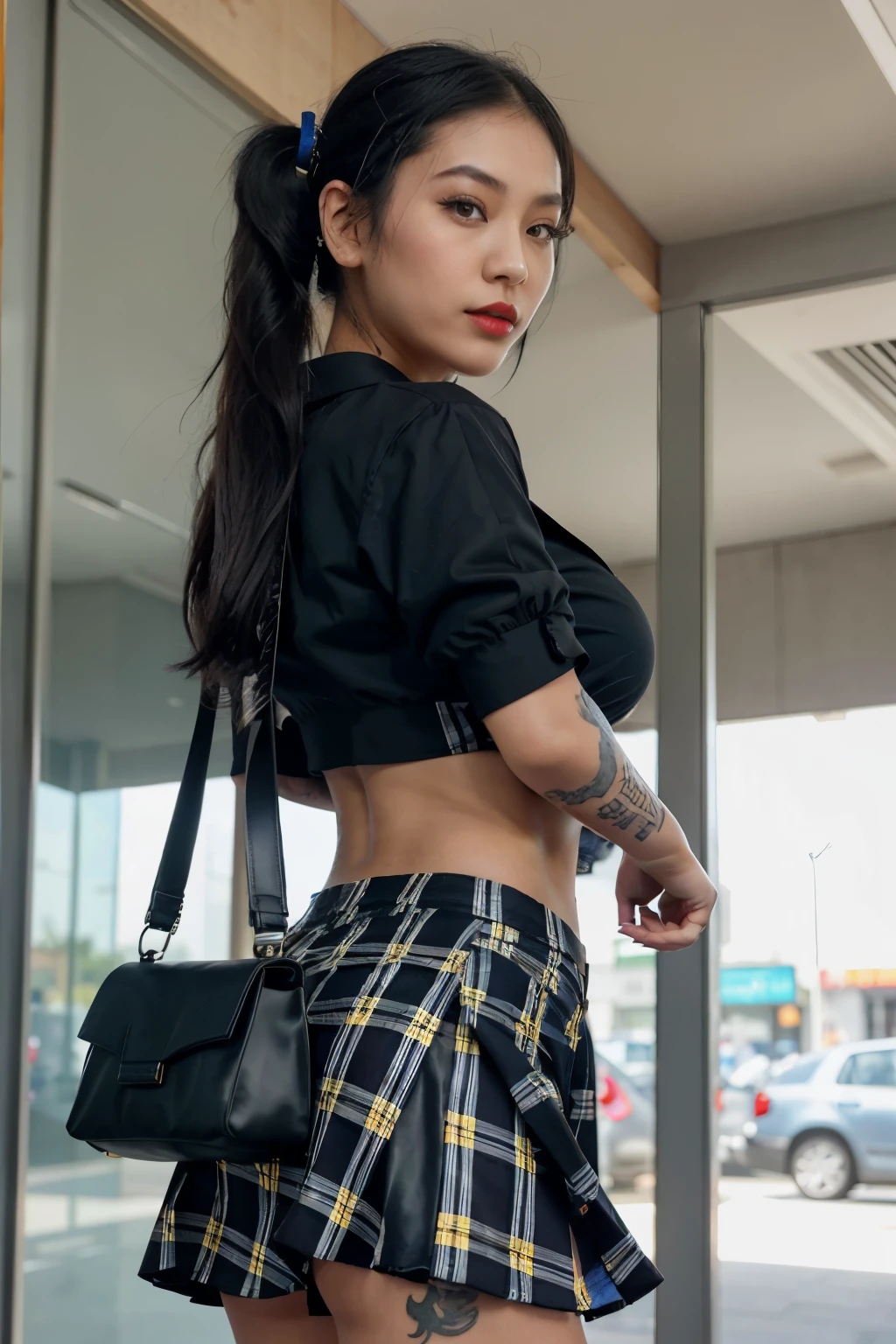 Young woman (asian), black hair, two ponytails, black crop top, belly free, blue-black mimi skirt(plaid), tattoo on right breast, red lips, handbag, big boobs, big butt, sexy