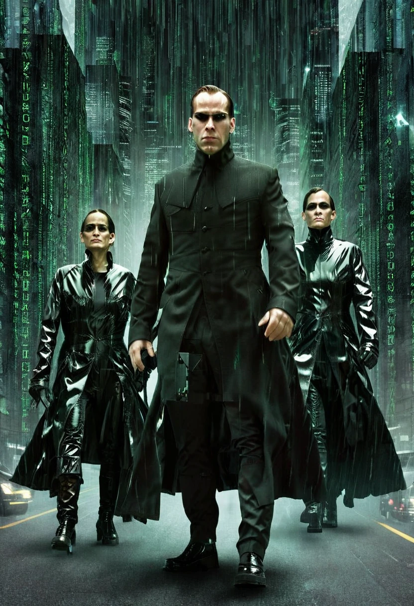 Agent Smith, a group of men in Black trench coat, matrix style, futuristic city center