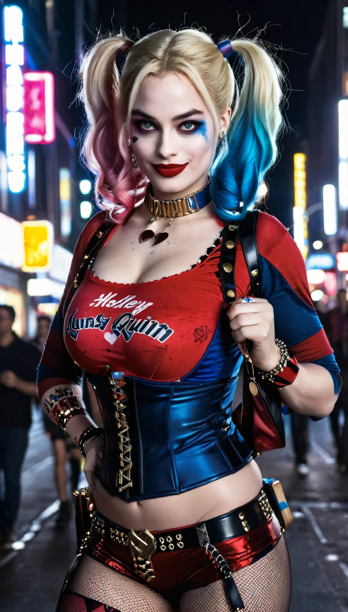 Create a realistic image of a woman, (large breasts:1.6), athletic build, hourglass figure, dressed as a Harley Quinn-inspired character. She has blonde hair styled in two pigtails, with the ends dyed red and blue. She wears a red and black corset top with lace-up detailing, red shorts, and a choker necklace. Her makeup includes bold eye colors matching her hair and a small heart on her cheek. The background is a vibrant city street at night, with neon lights and a bustling crowd of people. The overall atmosphere is edgy and dynamic, capturing a playful yet mischievous vibe. (Wide angle distant full body view:1.6). Hyper realistic photo, vibrant colors, 16k