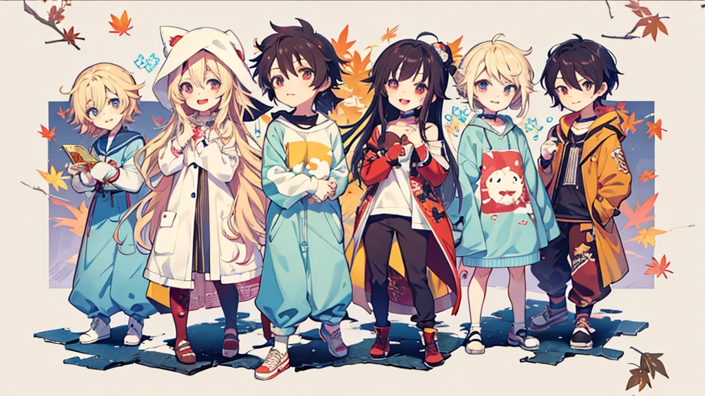 Group of anime characters standing side by side, cute art style, 🍁 cute, Official fan art, Each wore period correct clothing., flat style anime, High quality fan art, cute anime style, 2 0 2 4 anime style, Anime style 2024, The story of Maple Style, JRPG Fashion, Anime in fantasy style, cute boys, Anime style illustrations