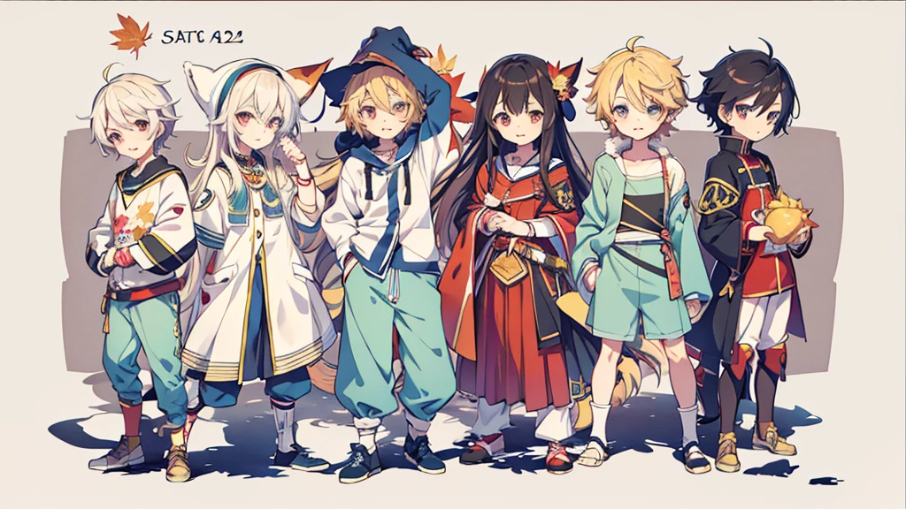 Group of anime characters standing side by side, cute art style, 🍁 cute, Official fan art, Each wore period correct clothing., flat style anime, High quality fan art, cute anime style, 2 0 2 4 anime style, Anime style 2024, The story of Maple Style, JRPG Fashion, Anime in fantasy style, cute boys, Anime style illustrations