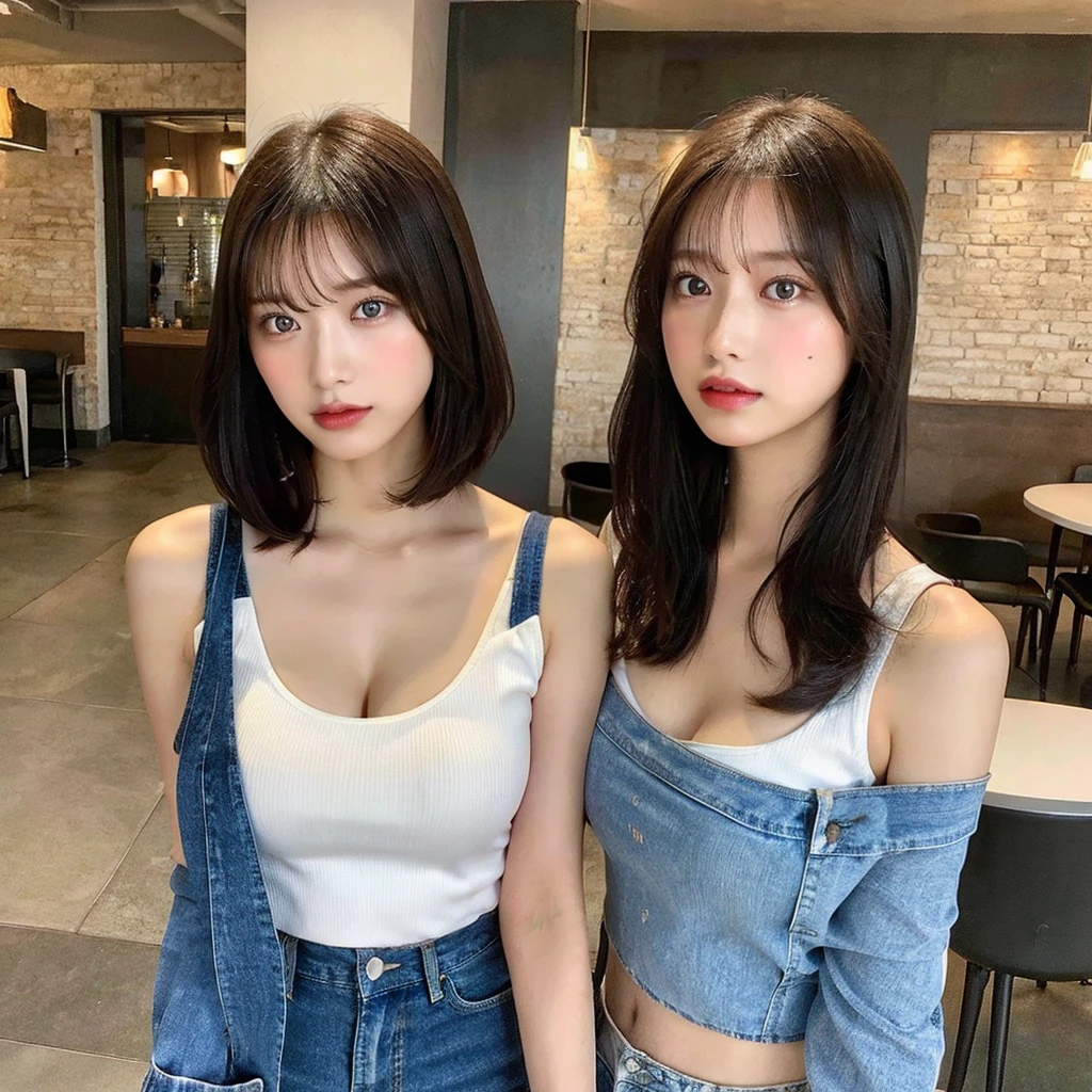 ((Realistic, Hi-Res: 1.3)), ((Girl standing alone)), Posing with emphasis on breasts, Girl in perfect shape, Very detailed face, Beautiful detailed eyes, Beautiful detailed lips, Short hair, Random color tank top: 1.2, Short jeans, Cafe, Coffee on table Description: huge breasts, exposed cleavage, realistic, cinematic lighting, highly detailed, vivid colors, intricate details, professional photographer