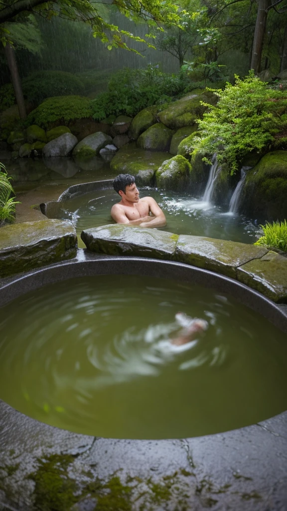 "On a rainy night, a man is soaking in an outdoor hot spring. The scene is set in a peaceful, dimly lit forest with rain gently falling. The man is sitting in the hot spring, his body partially submerged in the steaming water. He has a relaxed expression on his face, enjoying the soothing warmth of the bath despite the rain. The steam from the hot spring rises and mingles with the raindrops, creating a serene and misty atmosphere. The surrounding rocks and trees are wet and glistening from the rain, enhancing the tranquil mood of the scene."