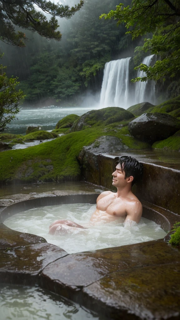 "On a rainy night, a man is soaking in an outdoor hot spring. The scene is set in a peaceful, dimly lit forest with rain gently falling. The man is sitting in the hot spring, his body partially submerged in the steaming water. He has a relaxed expression on his face, enjoying the soothing warmth of the bath despite the rain. The steam from the hot spring rises and mingles with the raindrops, creating a serene and misty atmosphere. The surrounding rocks and trees are wet and glistening from the rain, enhancing the tranquil mood of the scene."