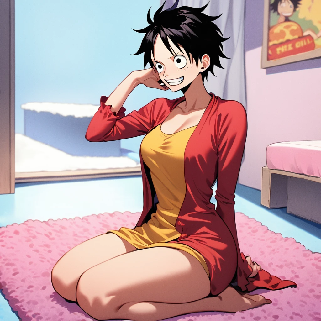 1girl, Monkey D. Luffy, One Piece,
Her hair is pink and her eyes as well, her clothes mixes pink with white colors, she wears a long shirt, shes on a seiza pose, an empty and chill room