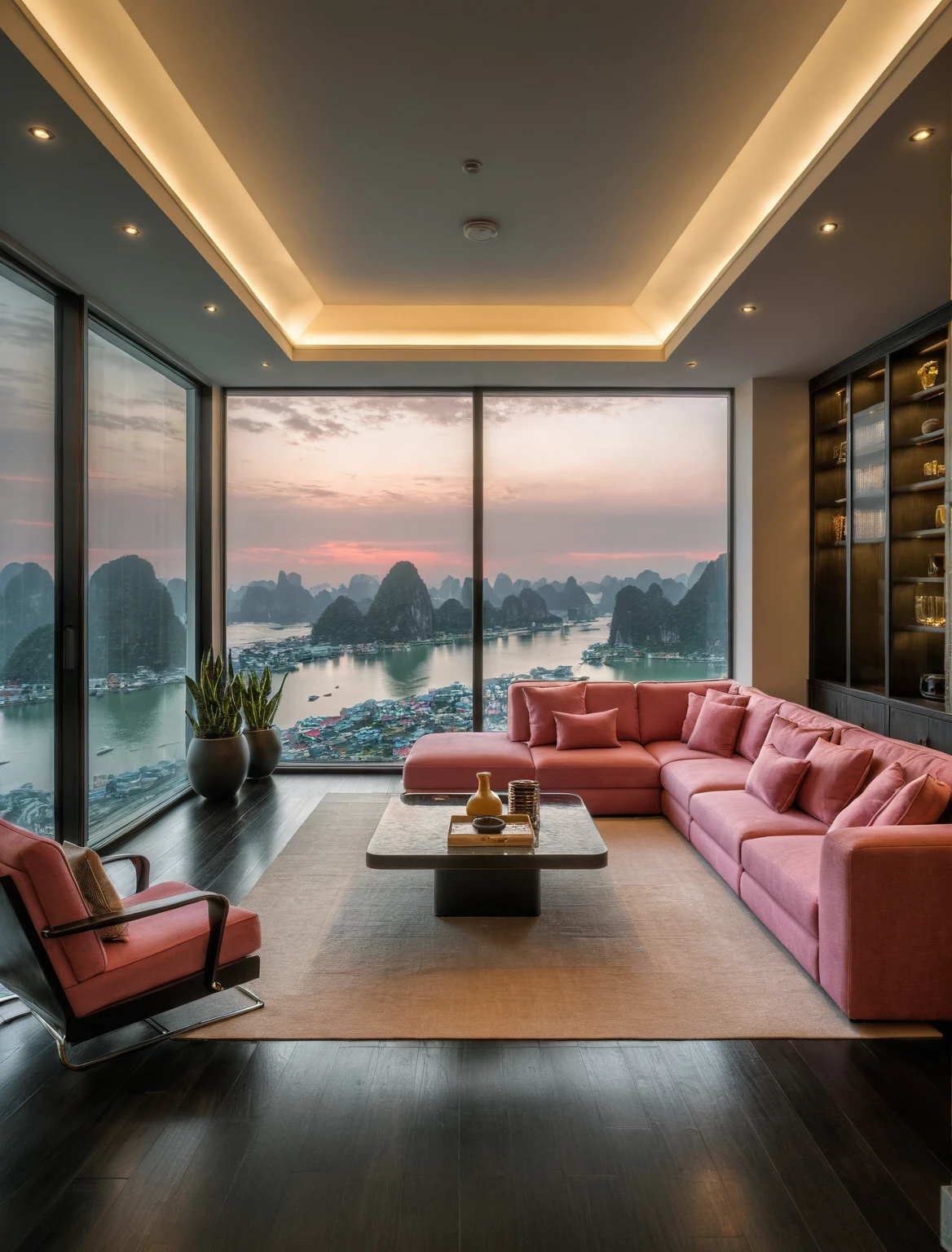 Raw photo,Masterpiece, high quality, best quality, authentic, super detail, interior, livingroom style modern luxury , sunset, evening light, sofa, tea table, carpet, flower vase on tea table, wine bottle, tray, armchair, wine cabinet, books, glass cabinet doors, snake plant pot, downlight, windows overlooking the evening halong bay, (((black and pink tones))), black wooden floor,