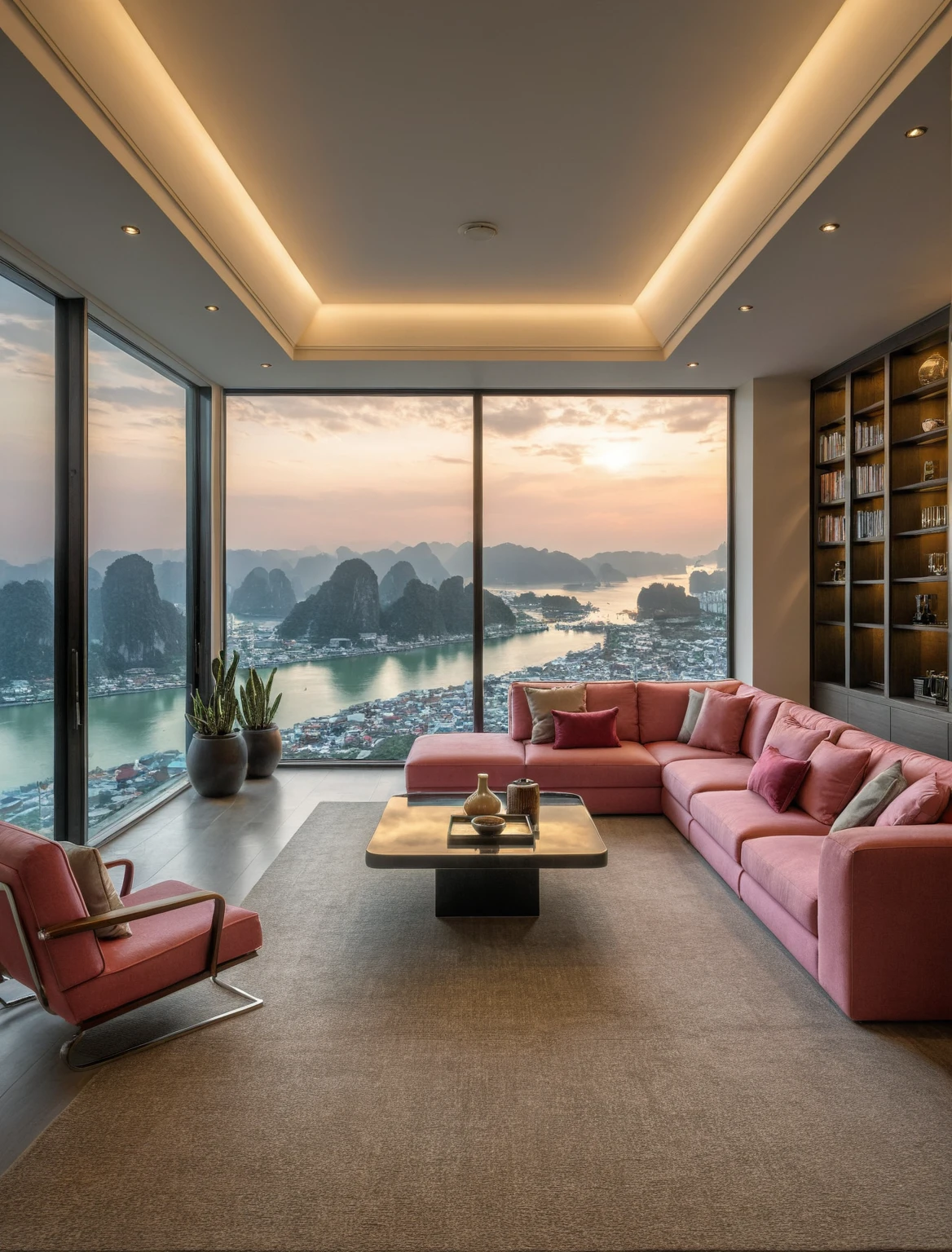 Raw photo,Masterpiece, high quality, best quality, authentic, super detail, interior, livingroom style modern luxury , sunset, evening light, sofa, tea table, carpet, flower vase on tea table, wine bottle, tray, armchair, wine cabinet, books, glass cabinet doors, snake plant pot, downlight, windows overlooking the evening halong bay, (((black and pink tones))), black wooden floor,