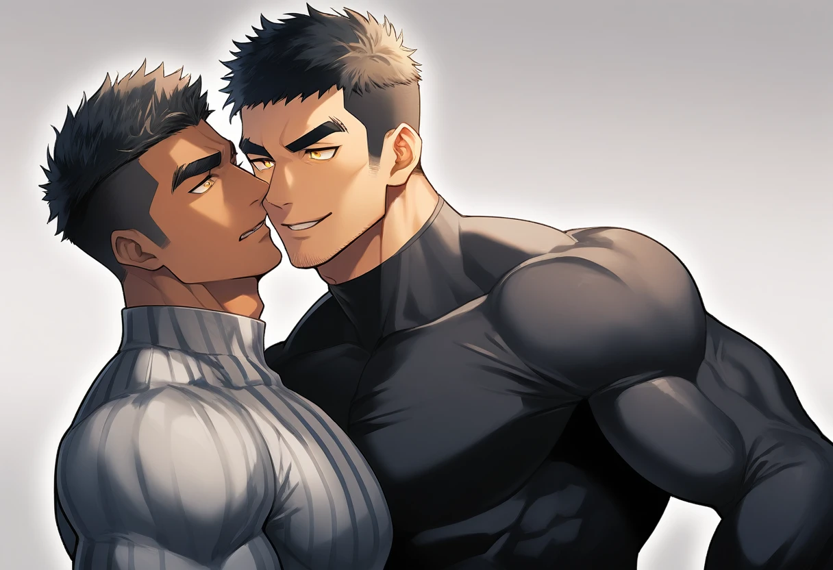 anime characters:Two superheroes in tights, Muscle superhero, negro black skin, They hugged and kissed each other, Caress, Manliness, male focus, Yellow and black striped high collar long sleeve tight T-shirt, Slightly transparent material, Very tight, Round, full and perky chest muscles, Male dog waist, Slightly transparent, muscular male, muscular, only, Upper body, alone, Black short hair, Thick eyebrows, stubble, Yellow eyes, Grey background, simple background, amazing quality, best aesthetics, Ridiculous, bright pupils, crew cut, parted lips, seductive smile, torogao, naughty face, drop shadow, best quality