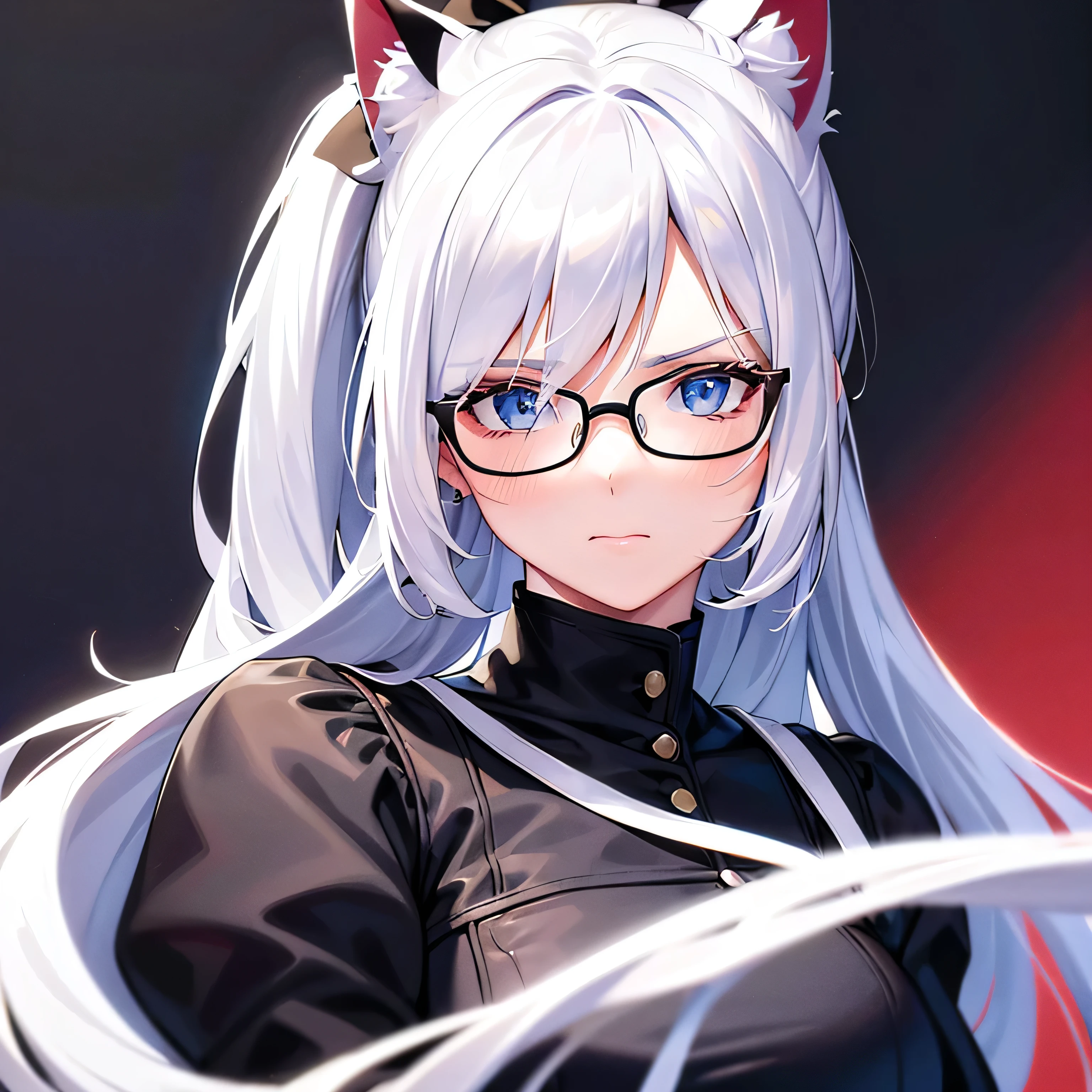 white long ponytail hair, black ribbons, fur jacket, blue jeans, blue eyes, perfect eyes, red glove on right hand, best quality, perfect face, (masterpiece), 8k, high res, looking at viewer, 1 girl, white cat ears, reading glasses, blushing, detachable clothing, full body, cherry blossom background