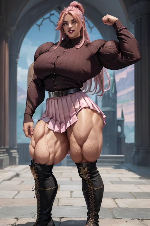 ((((Massive tall, beautiful, buff, light brown skinned muscular woman with shocking pink hair, black lipstick, ginormous bulky muscles and wearing a pink long sleeve pleated shirt with beautiful long pleated skirt)))), (close view), (massive muscles), angled bob cut, ((chained belt)), red eyes, choker, ((pink long sleeve pleated shirt and tie)), neck tie, ((beautiful long pleated skirt)), belt, thigh high socks, black boots, (in Hogwarts), closed smile, night, massive muscles