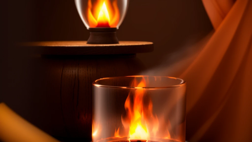 There is a glass candle lit on the table, small fire, fire lit, Warm Features, product introduction photos, fire, small inflammations, Detailed local information, Beautifully illuminated, Vibrant atmosphere, Warm atmosphere, inflammation, Cozy environment, easy to use, with fire, Warm space, Illuminating the area, glass inflammation, Warm Light, Upright, Award-winning