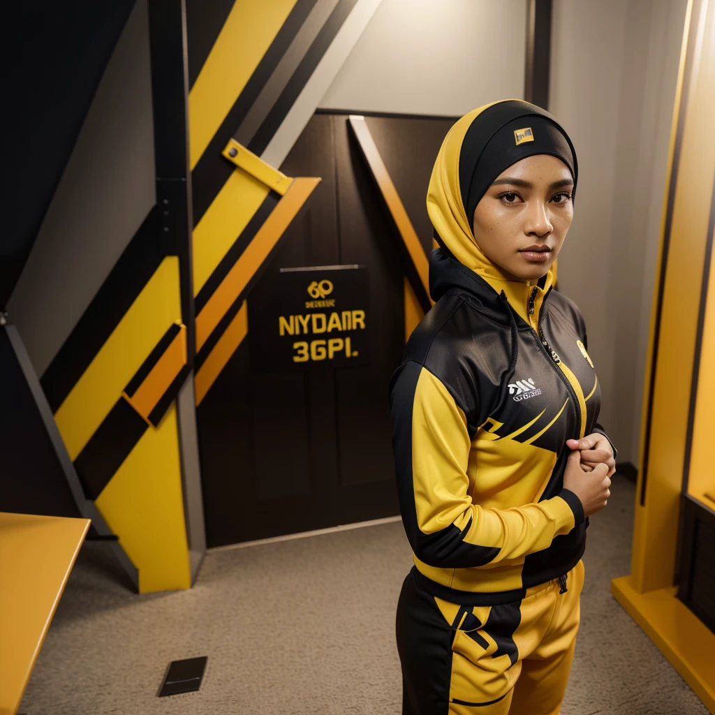 Hyper 4k, highres, masterpiece, high quality, detail realistic, photorealistic, semi-realistic, potrait,
Caricature 3D, 3D Animation, malay male & hijab female, standing, wearing sport attire for olympic, black and yellow colour with tiger strip design, facing camera, malaysia badge, studio photoshoot,