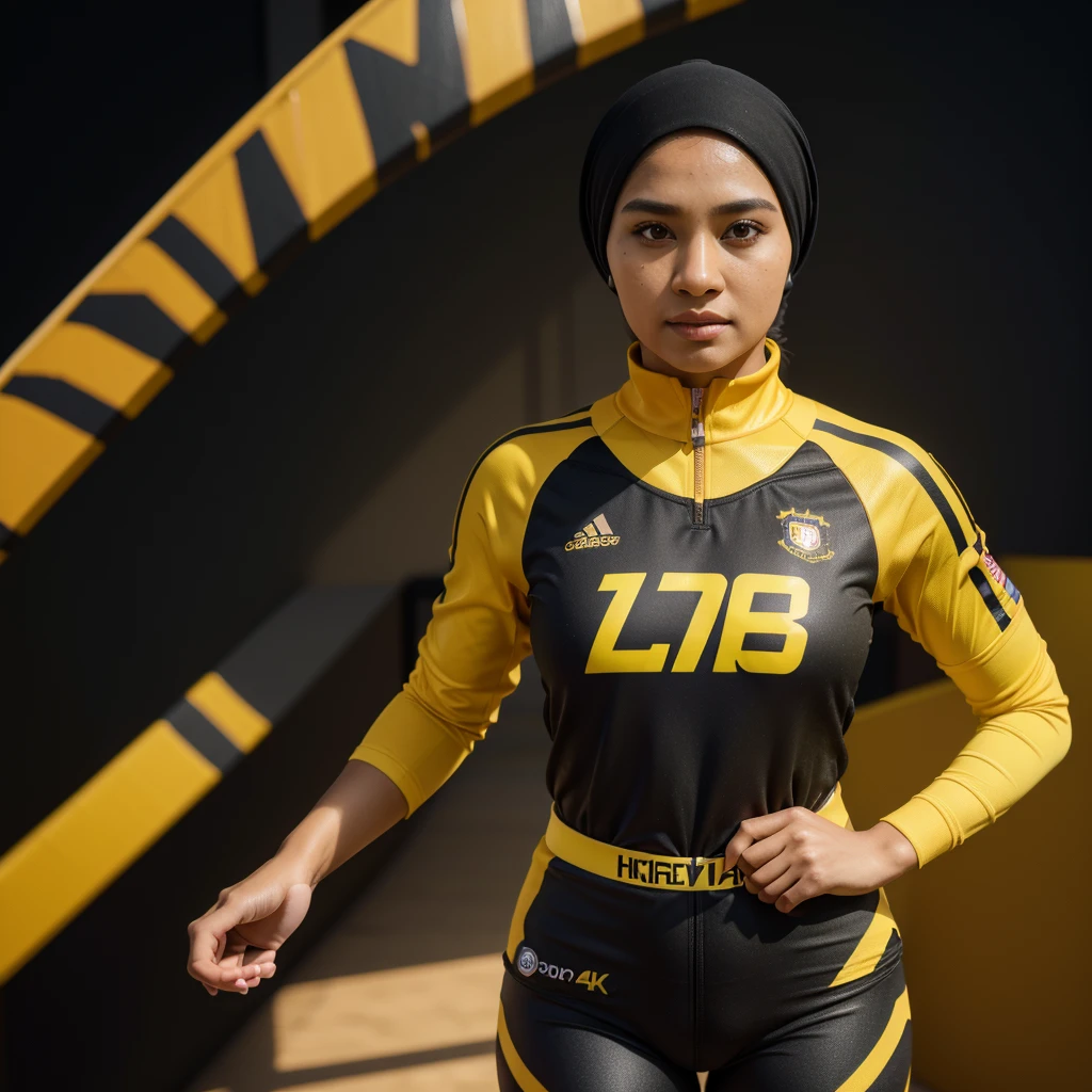 Hyper 4k, highres, masterpiece, high quality, detail realistic, photorealistic, semi-realistic, potrait,
Caricature 3D, 3D Animation, malay male & hijab female, standing, wearing sport attire for olympic, black and yellow colour with tiger strip design, facing camera, malaysia badge, studio photoshoot,