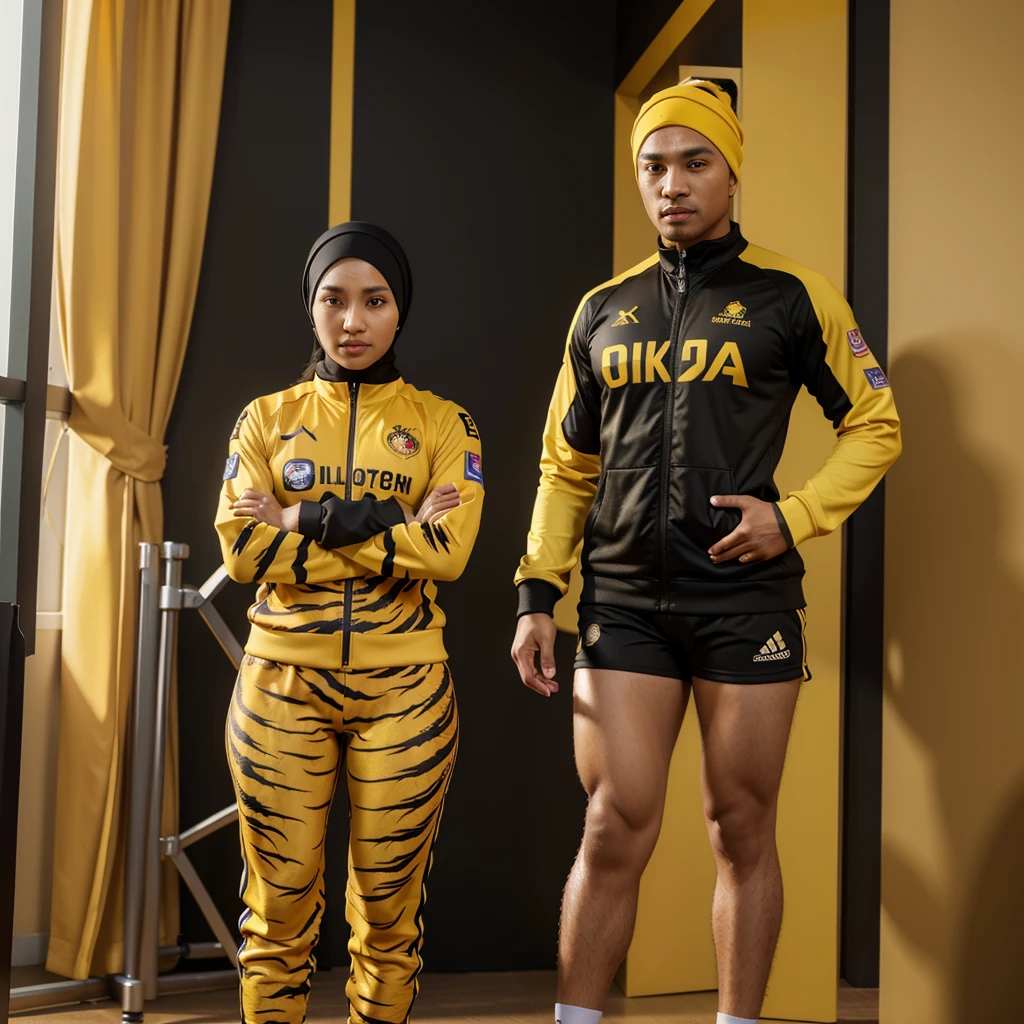 Hyper 4k, highres, masterpiece, high quality, detail realistic, photorealistic, semi-realistic, potrait,
Caricature 3D, 3D Animation, malay male & hijab female, standing, wearing sport attire for olympic, black and yellow colour with tiger strip design, facing camera, malaysia badge, studio photoshoot, 