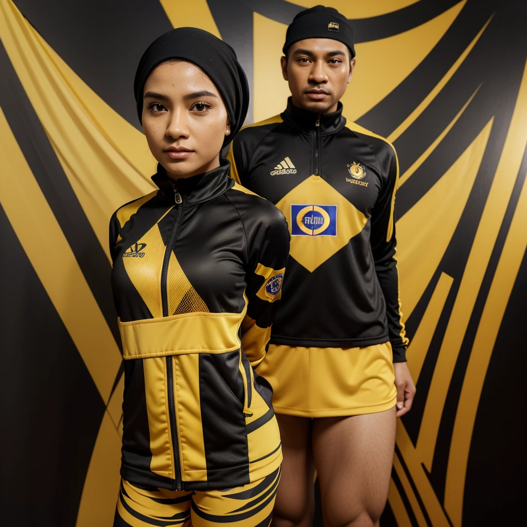 Hyper 4k, highres, masterpiece, high quality, detail realistic, photorealistic, semi-realistic, potrait,
Caricature 3D, 3D Animation, malay male & hijab female, standing, wearing sport attire for olympic, black and yellow colour with tiger strip design, facing camera, malaysia badge, studio photoshoot,