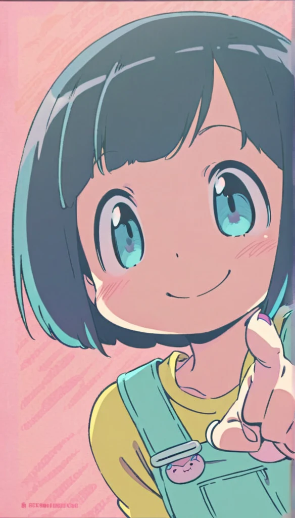 cute anime girl, black short bob hair, big expressive eyes, soft facial features, kawaii, cheerful smile, , pastel colors, high-quality, detailed, studio ghibli style"Overall view、squat、Look this way、Finger prick