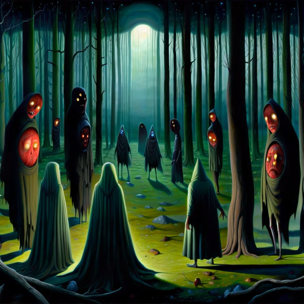 surreal-xl, absurd, bizarre, eerie, fanciful, fantastic, ludicrous, Shadow people watching us inside a dark horror forest, heroic lighting, folklore, intricate, highly detailed, lifelike, photorealistic, digital painting