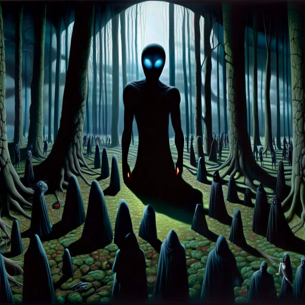 surreal-xl, absurd, bizarre, eerie, fanciful, fantastic, ludicrous, Shadow people watching us inside a dark horror forest, heroic lighting, folklore, intricate, highly detailed, lifelike, photorealistic, digital painting