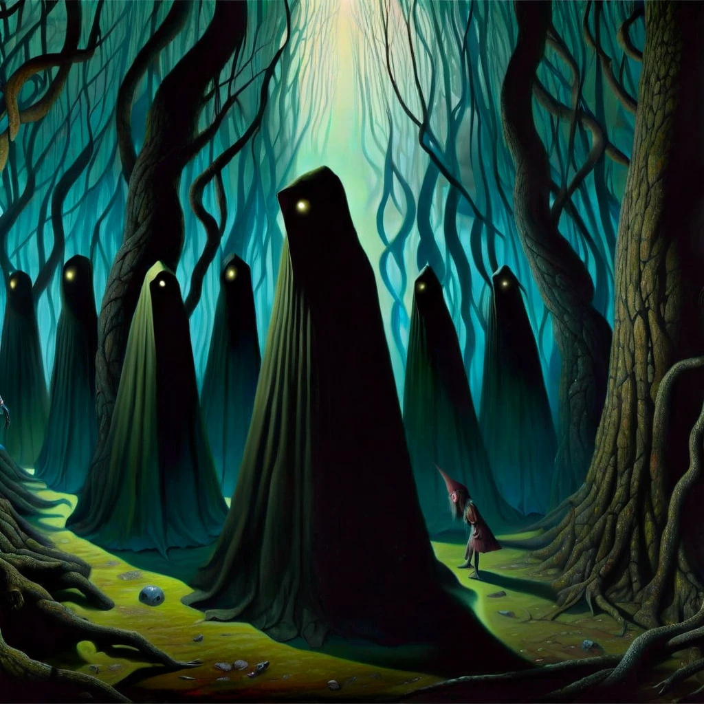 surreal-xl, absurd, bizarre, eerie, fanciful, fantastic, ludicrous, Shadow people watching us inside a dark horror forest, heroic lighting, folklore, intricate, highly detailed, lifelike, photorealistic, digital painting