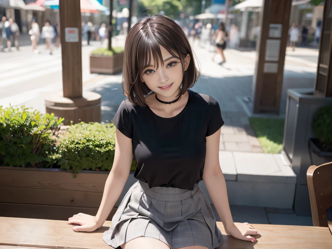 (8K, RAW Photos:1.2), Detailed face and eyes,最high quality, Ultra-high resolution, Very detailed ,Intricate details ,Tabletop ,pretty girl ,Round eyes、 Soft cinematic light, Hyper Detail,Sharp focus, high quality, Brown Hair,((Bobcut))、(Straight bangs)、amusement park、 ((Mini T-shirt))、(Pleated skirt)、”dwarf”、(Full Body Shot)、Waist、(I can see your thighs)、Cowboy Shot、 smile、