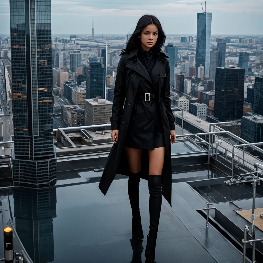 A cryptic girl in a black trench coat is standing on a sky scraper roof top