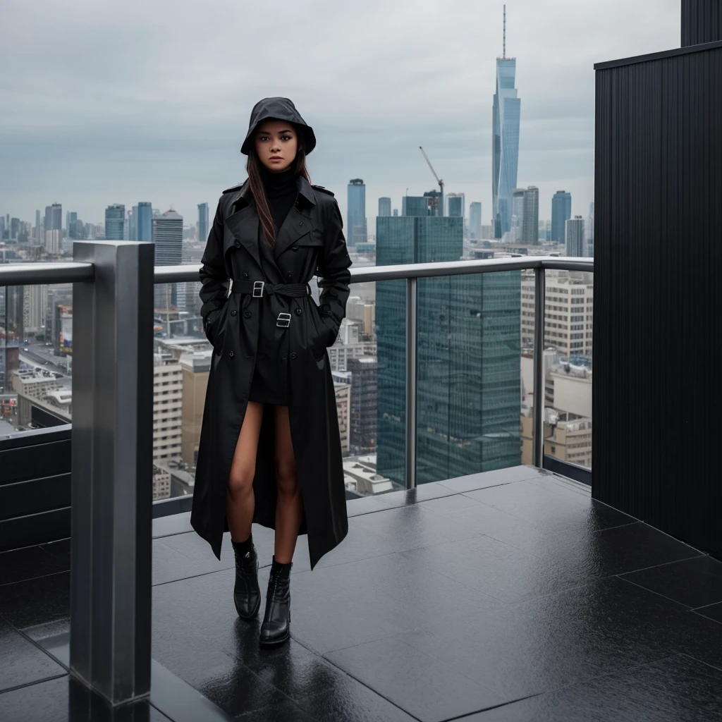 A cryptic girl in a black trench coat is standing on a sky scraper roof top