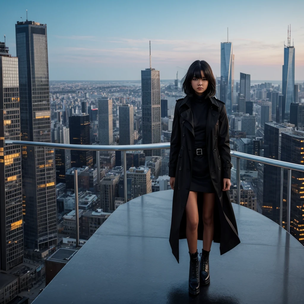 A cryptic girl in a black trench coat is standing on a sky scraper roof top
