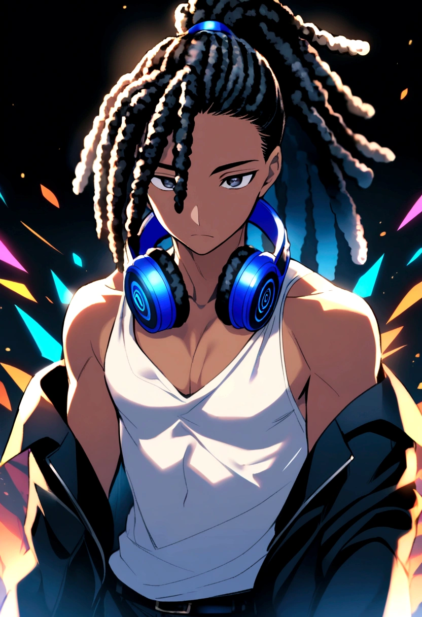 black haired boy, dreadlocks tied in a high ponytail, black eyes, white tank top with exposed chest, dark blue headphones around his neck.