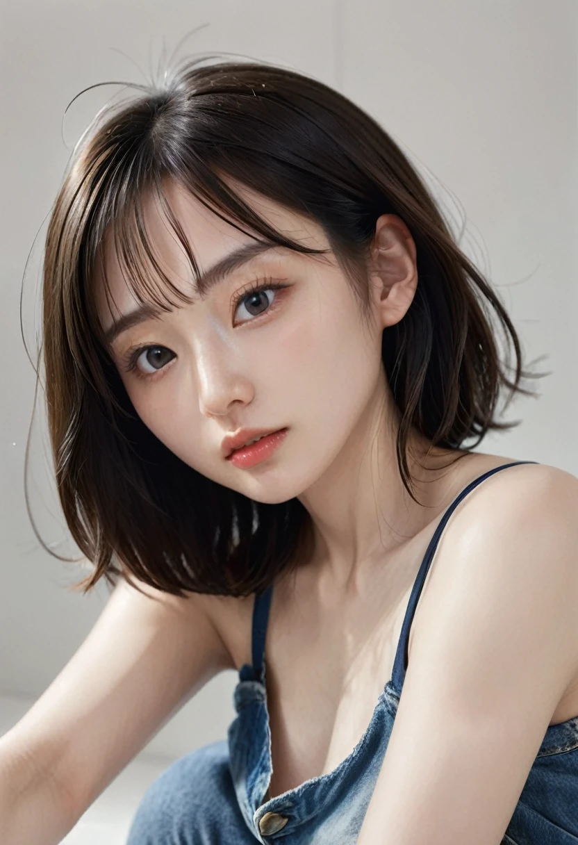 photorealistic, Photography ,BREAK, short hair woman, taking a (selfie:1.8), (from above:1.5) , (T-shirts and denim), in bedroom , white background, (short hair), BREAK, 8k , LAW , best-quality, masterpiece, hyper realistic detail shiny skin , natural shading , realistic shadow, BREAK (hyper realistic detail shiny skin, detailed skin, detailed hair, ultra sharpness, intricate details), perfect anatomy